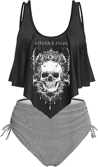 Rosegal Womens Plus Size Curve Gothic Skull Print Ruffled Overlay Tankini Swimwear Set - skull swimsuit