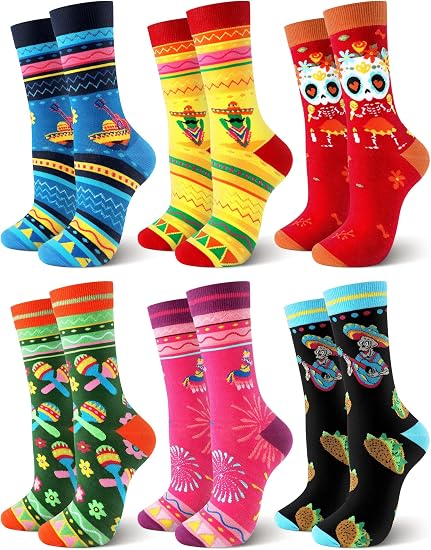 Hercicy 6 Pairs Mexican Taco Socks for Men Women - sugar skull costume