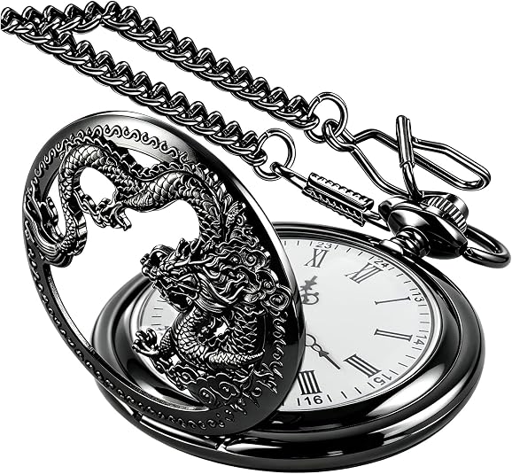 Dragon Quartz Pocket Watches for Men Roman Numerals Pocket Watch with Chain - skull watch