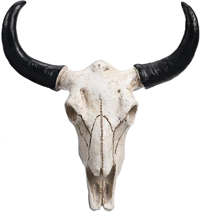 DECHOUS Cow Skull Wall Decor: Small Long Horn Bull Skull Decor - Resin Bull Horns Animal Head Wall Art Mount Sculpture for Home Western Decoration, 9x8.45 Inch - skull wall art