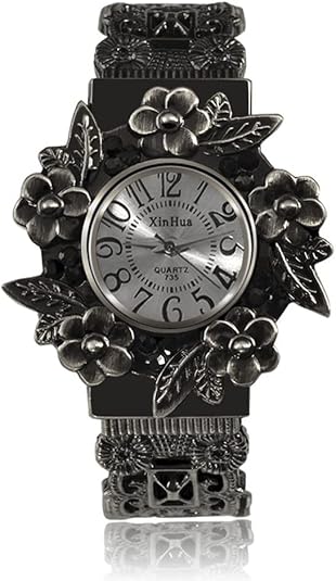 Women Vintage Cuff Bangle Bracelet Watch Carved Flowers Analog Quartz Wrist Watch - skull watch