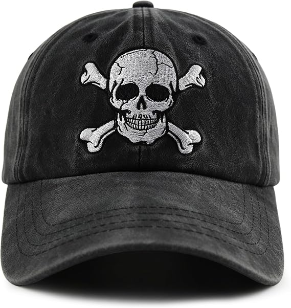 Skull and Crossbones Baseball Cap for Men Women, Funny Adjustable Washed Denim Cotton Embroidered Skeleton Hat