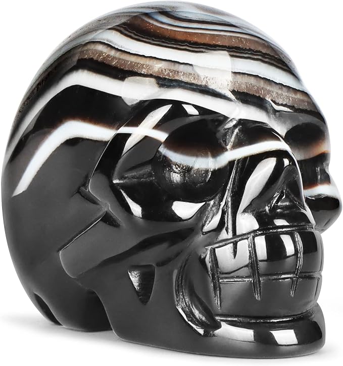 Black Banded Agate Crystal Skull Statue 2" Crystal Stone Skull Head Statues for Halloween Decor Gemstone Carving Human Skull Figurines Skull Gift for Women Men Decorative Crafts Home Decor - skull figurine