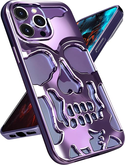 Lotadilo for iPhone 14 Pro Max Phone Case for Men, Women Cool Skull Skeleton Funny Gothic Hollow Cases for Boy Girls, Hollowed Designer Plated Shockproof Cover for iPhone 14 Promax Purple