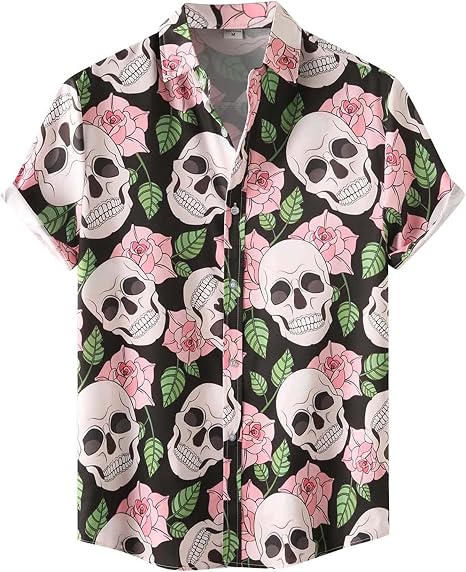 BIRW Halloween Shirt Men Fun Pumpkins Skull Short Sleeve Button Down Hawaiian Holiday Shirts - skull tshirt