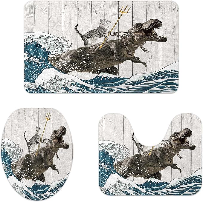 Boziqr Funny Cat Bath Mat Set 3 Piece, Cool Cat Dinosaur Japanese Ocean Wave Decor Soft Bathroom Rugs, Rustic Wooden Barn Farmhouse Bath Mat, Contour Rug and Toilet Lid Cover Sets - skull toilet rug