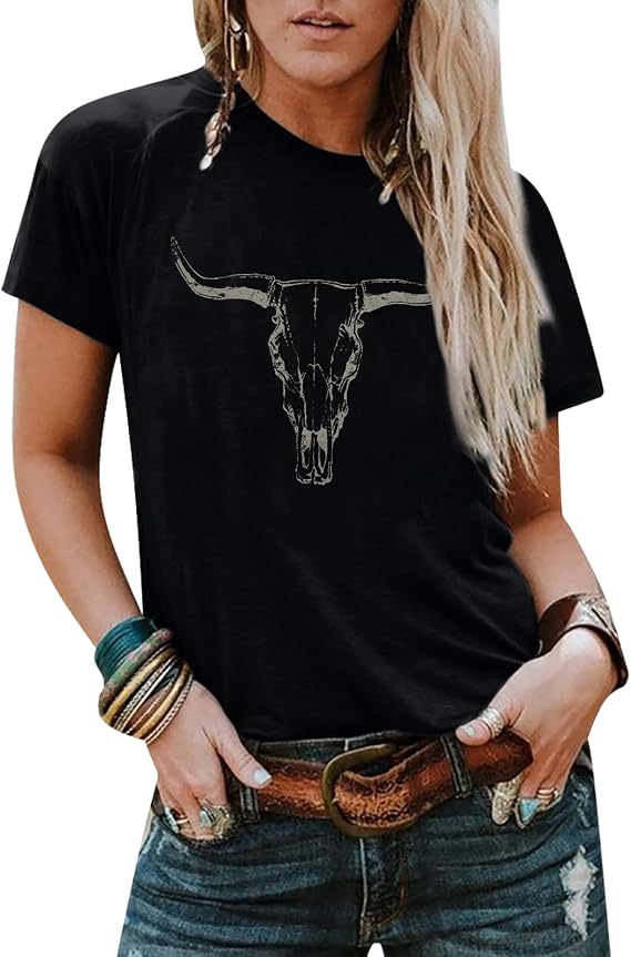UNIQUEONE Western Cowgirl Shirts for Women Rodeo Cow Print Shirt - skull tshirt