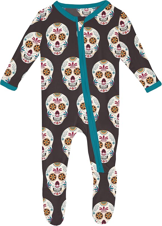 KicKee Baby & Toddler Zip Footie – Ultra-Soft Bamboo Viscose Pajamas with Flip Paws and Grippy Feet - skull pajamas