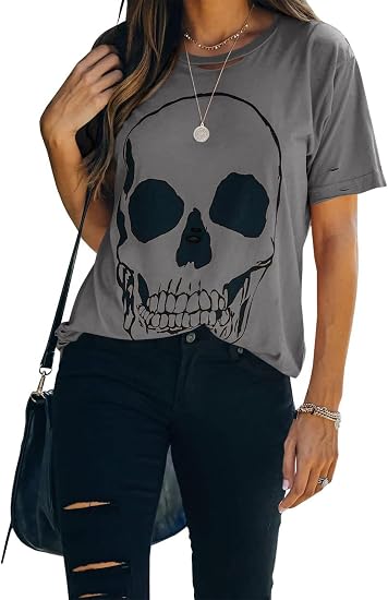 Veatzaer Womens Summer Cotton Graphic Shirts Short Sleeve Skull T Shirts - skull tshirt