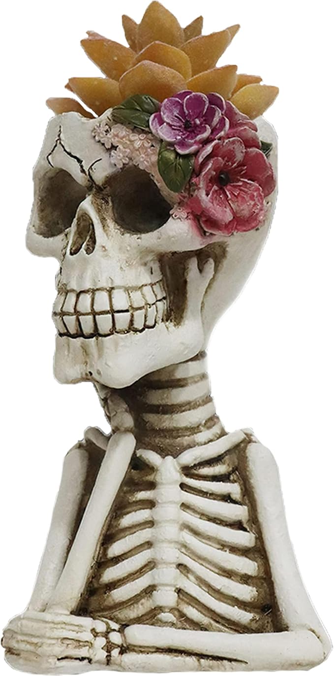 Skull Fake Plants Statue Decorations, Planter Pots with Artificial Succulents, Faux Indoor Plants for Home Decor, Desk Ornament, Handmade Resin Skeleton Statue, Unique for Women - skull figurine