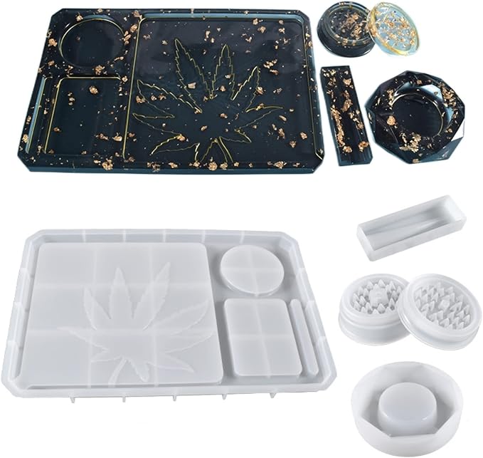 5 Piece Silicone Molds - Large Rolling Ashtray and Resin Grinder Mold with Efficient Spikes and Storage - skull ashtray