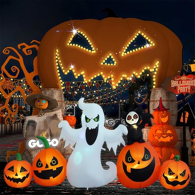 HZGDEJTG 8ft Bat Pumpkin Row Stand Halloween Inflatable Outdoor Decoration, Yard Decorations with LED Lights for Outdoor Lawn, Garden, Home Holiday Party - skull inflatable