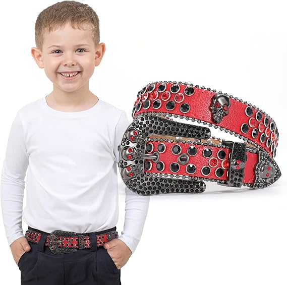 SUOSDEY Kids Rhinestone Belt Skull Stylish Leather Belt for Boys Girls, Western Bling Cowboy Cowgirl Belt for Jeans Pant - skull wallet