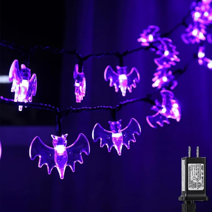 RECESKY 70 LED Bat String Lights – 22.6ft Purple Halloween String Light with Auto Timer, Extendable, 8 Modes – Waterproof Spooky Lighting for Outdoor Garden Holiday House Halloween Party Decorations