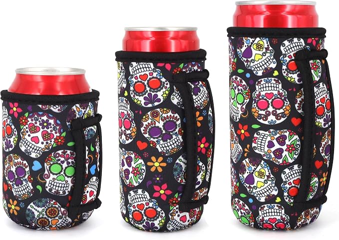 3 Pack Reusable Can Sleeve with Handle, Floral Sugar Skull - skull coaster