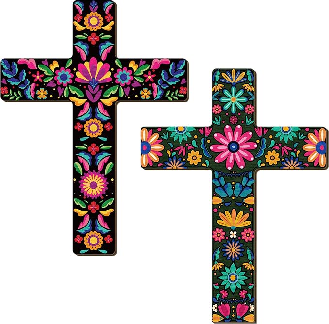 Pinkunn 2 Pcs Mexican Floral Cross Wall Decoration Day of The Dead Wall Art - skull floor mat