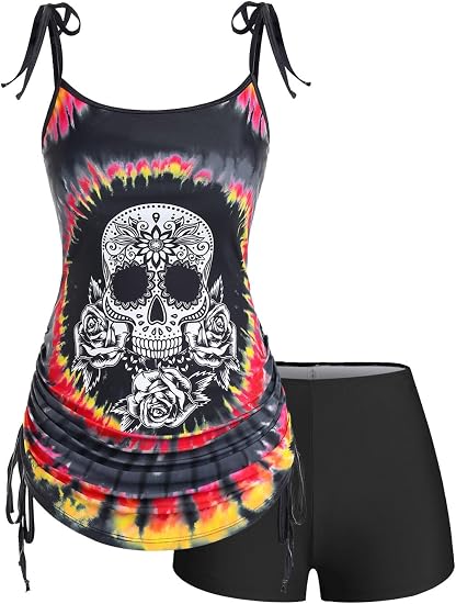 Rosegal Womens Plus Size Skull Rose Tie Dye Print Cinched Ruched Tie Boyshorts Tankini Swimsuit Set - skull swimsuit