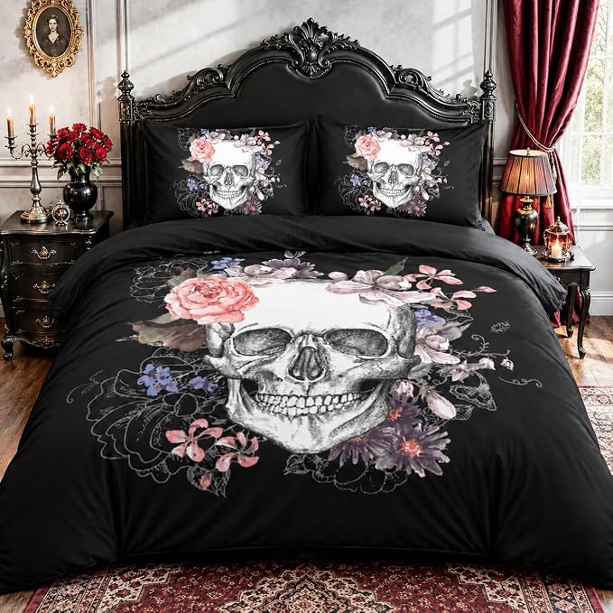 Classic Skull and Roses Duvet Cover Set Queen Size Gothic Skull Bedding Set Skeleton Bones Comforter Cover for Kids Adults Women Room Decor