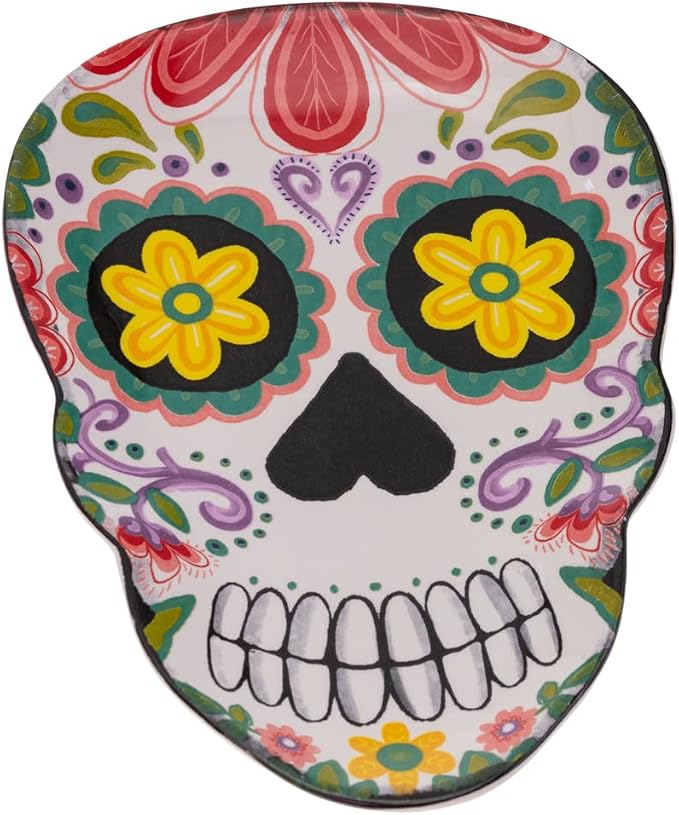Boston International Ceramic Tray Dishwasher and Microwave Safe Day of the Dead Serving Plate, 8" x 5.5", No Vida Cantina - skull plate