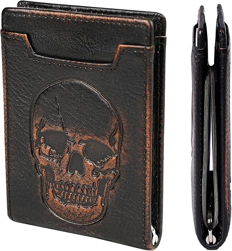 DK86 Skull Wallet for Men with Money Clip Genuine Leather Bifold RFID Blocking Mens Slim Front Pocket Wallet with Hand Burnished