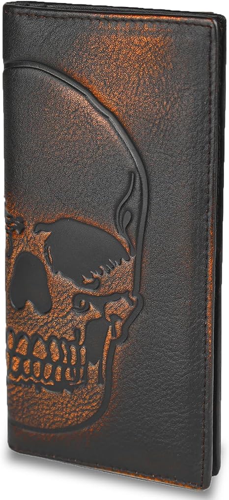 DK86 Skull Long Wallet For Men Full Grain Leather with Hand Burnished Rfid Blocking Rodeo Wallet Bifold Wallet Skull Wallet - skull wallet
