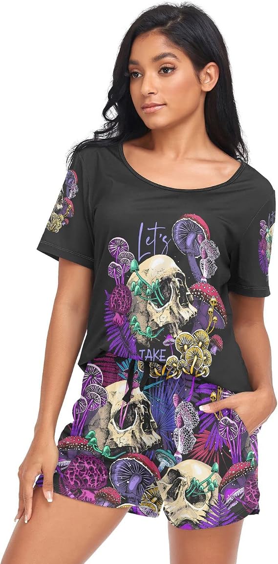 Fustylead Womens Flower Floral Pajama 2 Piece Set Short Sleeve Lounge Soft Sleepwear with Pockets S-XXL - skull pajamas