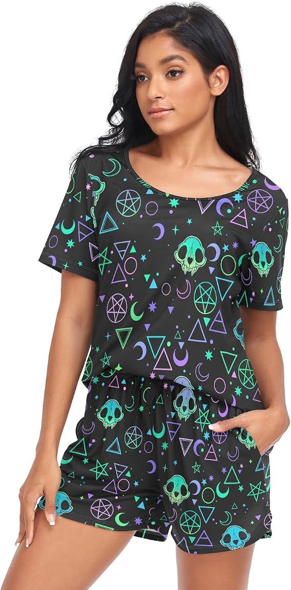 Fustylead Women Pajamas Cute Flower Floral Print 2 Piece Loungewear Short Sleeve PJs with Pockets S-XXL - skull pajamas