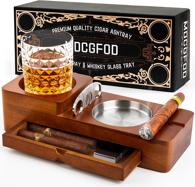 Cigar Ashtray Coaster Whiskey Glass Tray and Cigar Holder, Wooden Ash Tray, Slot to Hold Cigar, Cigar Rest Cigar Accessory Set Gift for Men Dad, Great Decor for Home(Large drawer) - skull ashtray
