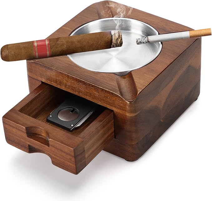 Tesonway Cigar Ashtray, Wooden Ashtray, Square Ashtray 4 Slots Cigar Holder with Accessories Drawer for Indoor Outdoor Patio Home Office, Personalized Cigar Gifts for Men - skull ashtray