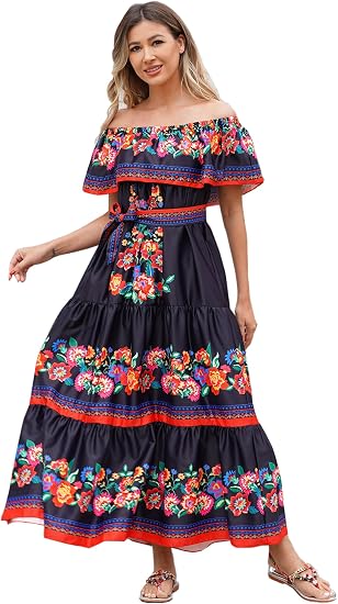 Women Mexican Dress Off Shoulder Floral Long Maxi Dress Summer Beach Party Cinco de Mayo Dresses with Belt - sugar skull dress