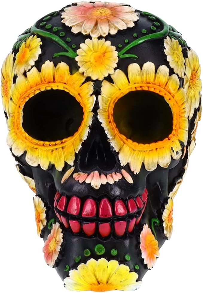 Resin Sugar Skull Black Day of the Dead Skull 2 P754754 - Sunflower Halloween Decoration Gothic DOD Skeleton Head Dia de Los Muertos - Sunflowers - skull figurine