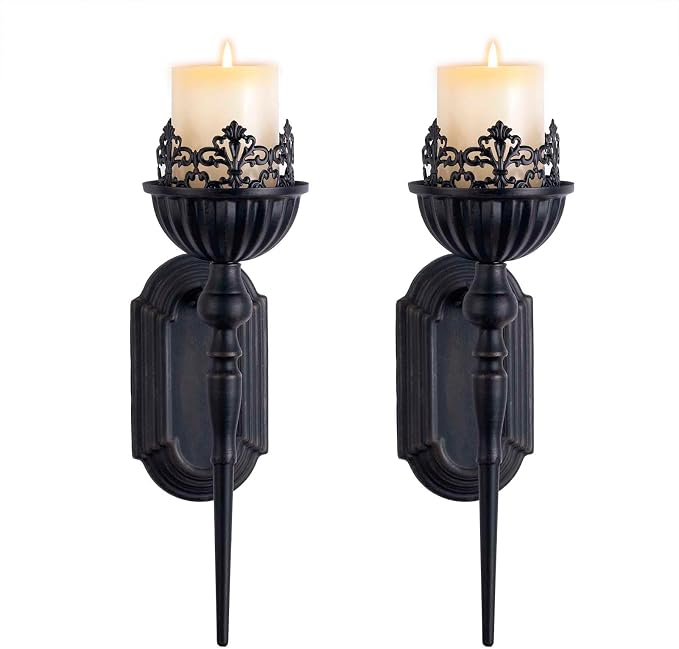 Gothic Wall Sconce Candle Holder (Set of 2) Black Crown and Scepter Design Wall-Mount Metal Candle Holders Hanging Iron Wall Candle Sconce Holder for Living Room, Bathroom, Dining Room - skull candle