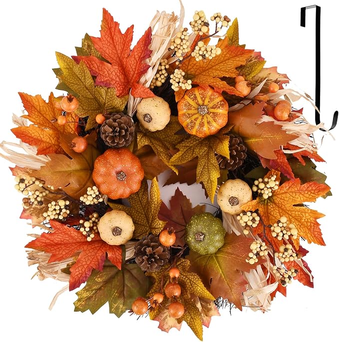 24 Inch Fall Wreaths for Front Door,Autumn Pumpkin Maple Wreath with Hanger