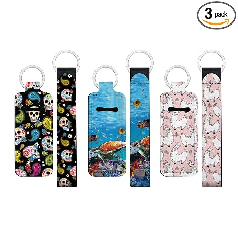 WIRESTER 3 Set Lipstick Wristlet Keychain Lanyard, Chapstick Holder Keychain, Neoprene Lip Balm Cover for Women - Colorful Sugar Skulls, Full Tropical Sea Coral, Fabullama Pattern - skull backpack