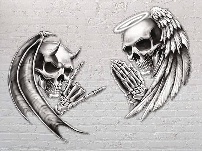2 Pack Devil Death Skull Angel Life Skull Bumper Vinyl Sticker for Car, Truck, Motorcycle, Helmet| 4.5 Inch Each | AG-682 - skull sticker