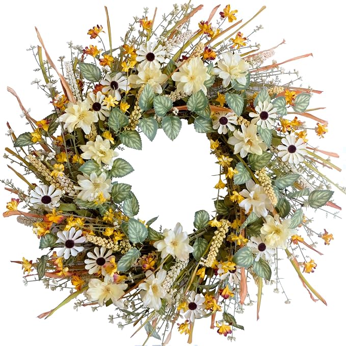 idyllic 22 Inches Fall Wreath for Front Door with Yellow and White Daisies Flowers, Ear of Wheat, Green Leaves, Fall Harvest Wreath for Festival Thanksgiving Farmhouse Wall Home Decor - skull wreath