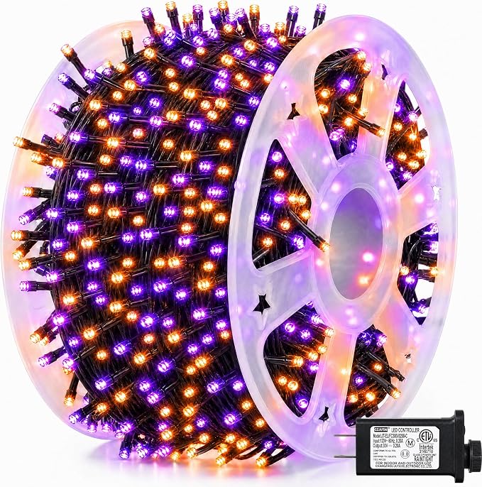Dazzle Bright 164 FT 500 LED Halloween String Lights, Waterproof Halloween String Lights Black Wire with 8 Modes, Outdoor Halloween Decorations for Indoor Party Yard Wedding Decor, Purple & Orange - string light