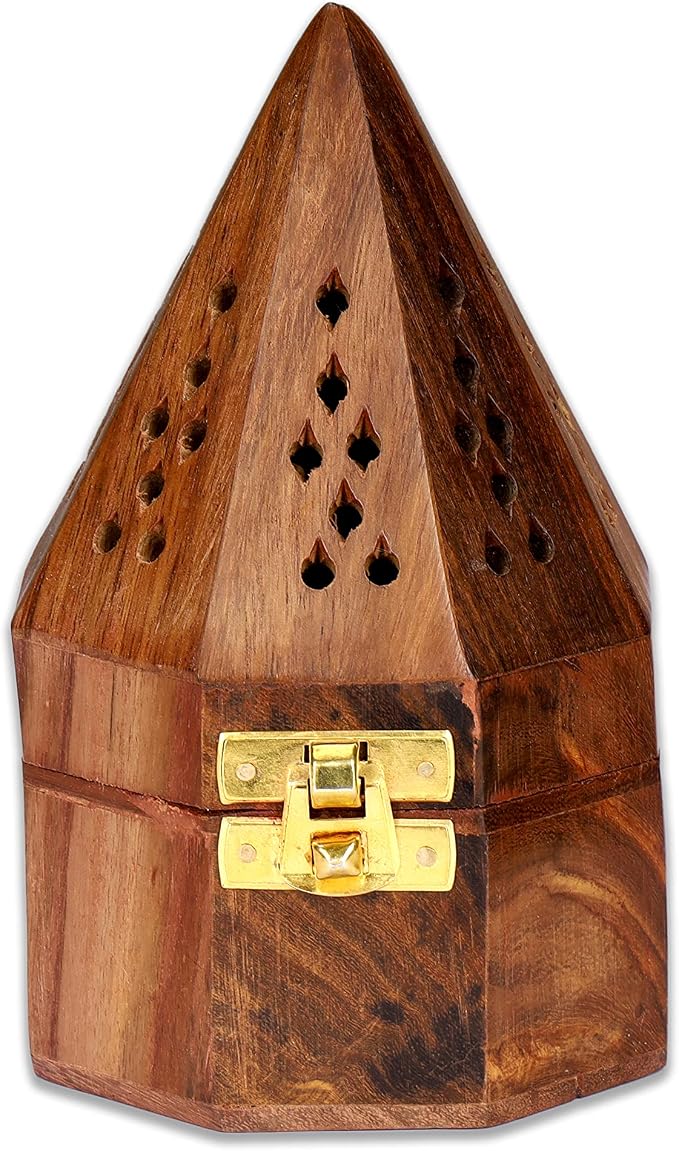 Bless-International Traditional-Handmade-Burner Wooden-Incense-Stick-Holder Ash-Catcher-Stand for-Aromatherapy-Meditation-Yoga (5 Inch Octa Temple Wooden Charcoal/Cone) - skull incense burner