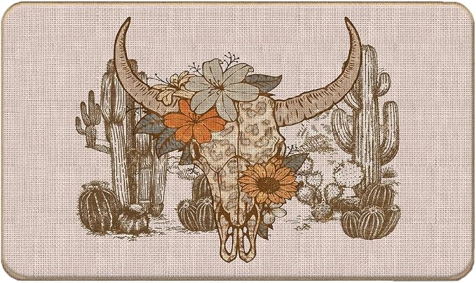 Retro Western Cowboy Flower Floral Bull Skull Cactus Door Mat Doormat,17"X30" Decorative Wild West Home Indoor Outdoor Entry Front Door Mat,Western Welcome Mat Decor,Teen Girls Cowgirl Gifts - skull door mat