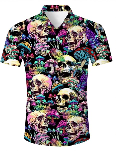 RAISEVERN Mens Hawaiian Shirt Casual Summer Button Down Short Sleeve Shirt - skull tshirt