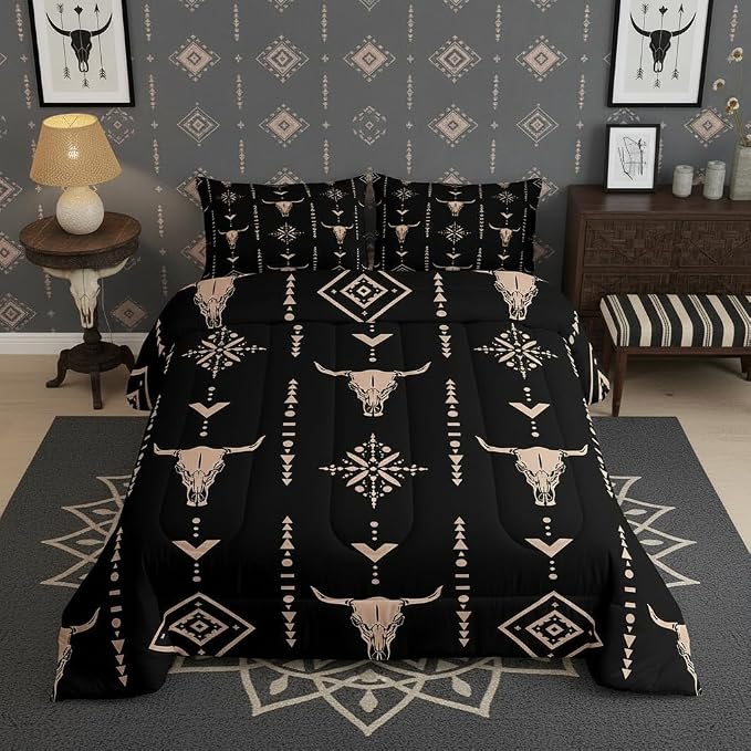 Bull Skull Comforter Set Queen Boho Bedding Ethnic Horns Bohemian Bedding Comforter Sets Black Brown Tribal Symbol Mysterious Aztec Bedroom Decor Abstract Geometric Duvet Insert for Men Boys - skull bedding