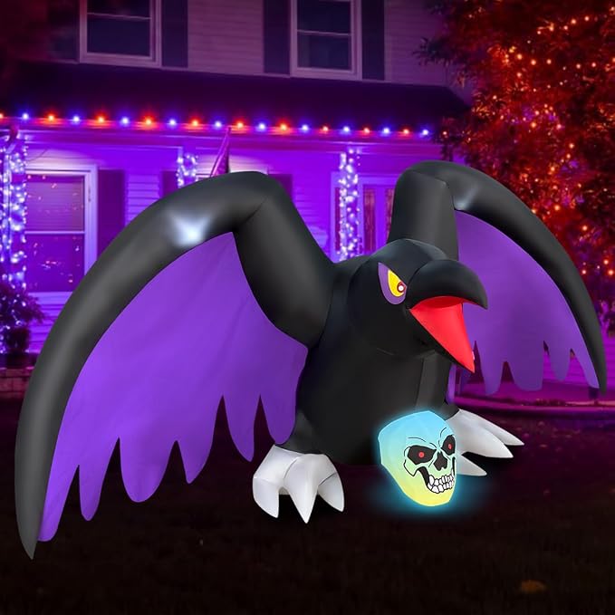 BLOWOUT FUN 6FT Halloween Inflatable Crow Skeleton with RGB Lights Decor - skull inflatable