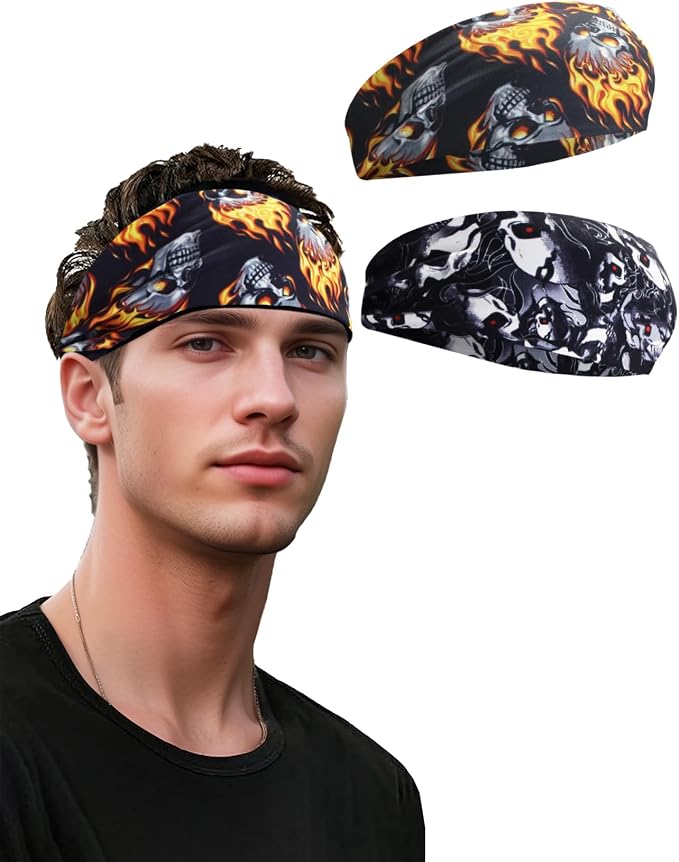 Headbands for Men & Women, Sweat Headband Non-Slip Sweatband Sports Running Cycling Yoga Basketball Workout Football Training - skull headband