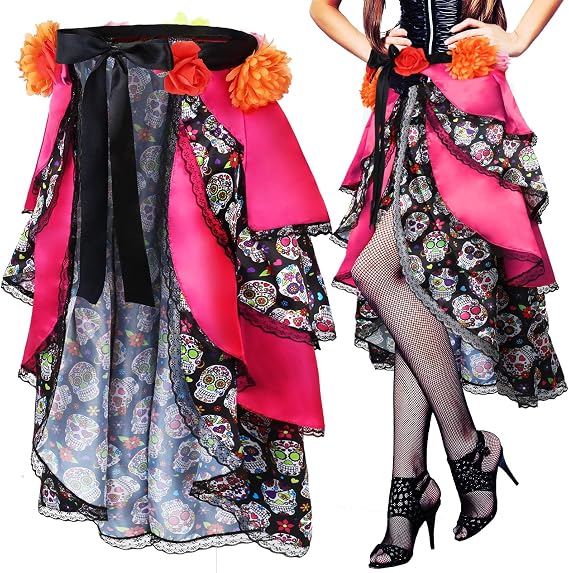 Xtinmee Day of the Dead Dress for Women Tie on Bustle Skirt Costume - sugar skull makeup