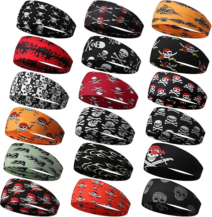 18 Pcs Sports Sweatbands for Men Women Camo Headbands - skull headband