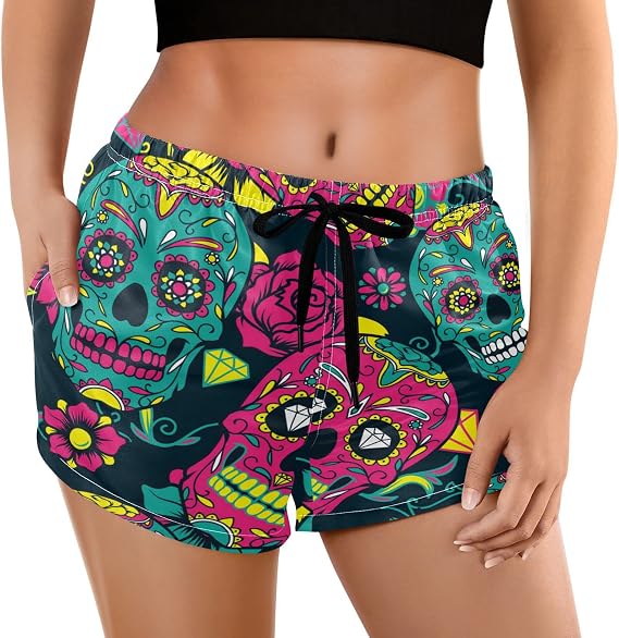 visesunny Womens Casual Shorts Summer Shorts Women's Swim Board Shorts Swimsuit Bathing Shorts for Women - skull swimsuit