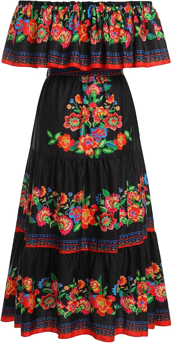 Women Mexican Dress Summer Floral Print Traditional Ethnic Wear Off Shoulder Beach Holiday Party Long Maxi Gowns - sugar skull dress
