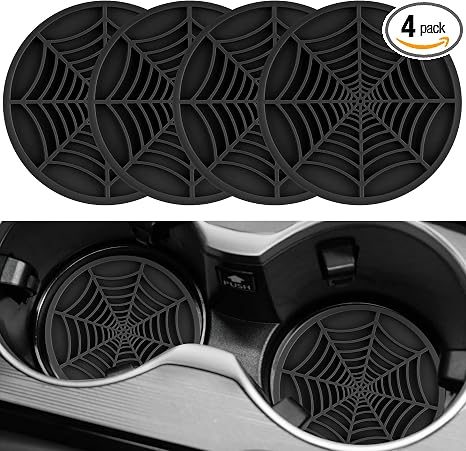 Alpmosn 4PCS Spider Web Car Coasters for Cup Holders, Halloween Funny Non-Slip Silicone Insert Ornaments Coasters, Automotive Cupholder Goth Accessories for Men & Women(Black) - skull coaster