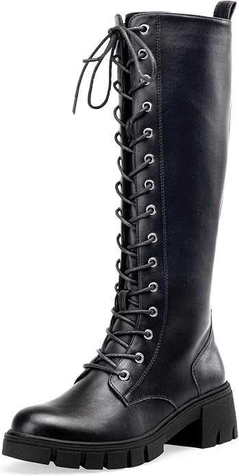Jeossy Women's Combat Chunky Platform Heel Knee High Lace Up Boots - sugar skull costume