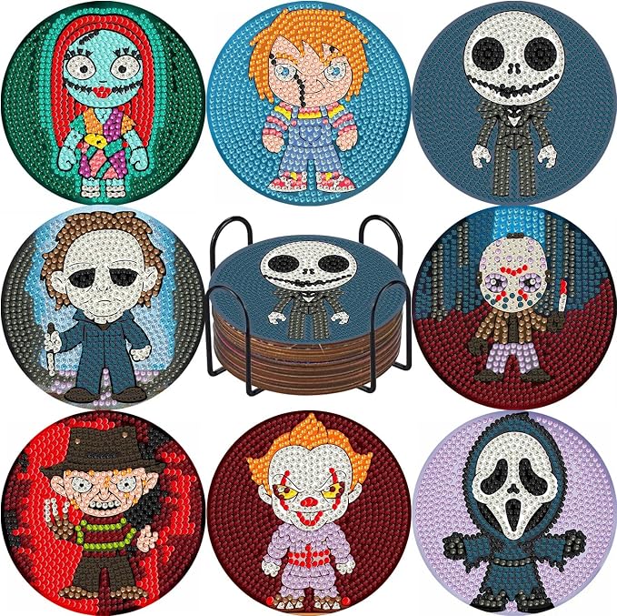 8Pcs Diamond Painting Coasters with Holder,DIY Halloween Life Coaster Diamond Art Kits for Adults Kids,Beginners Round Full Drill Diamond Art Craft Supplies - skull coaster